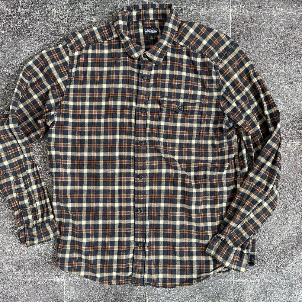 Mens Patagonia Lightweight Fjord Flannel Navy Blue Orange Long Sleeve Shirt Sz L